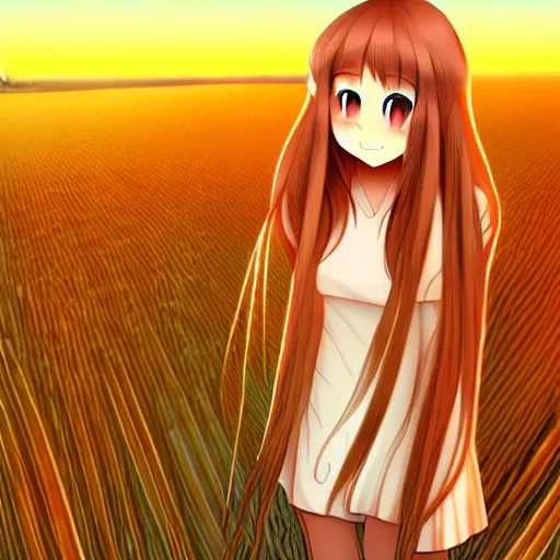 Image similar to digital illustration of Holo from Spice and Wolf standing in a wheat field at sunset, Holo is a wolf girl, high detail, trending on pixiv