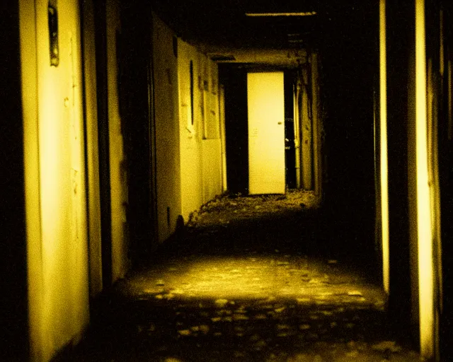 Image similar to dark abandoned hallway at night, a glimspe of something sinister, letterboxing, widescreen, 40mm tape, technicolour film, grainy, horror