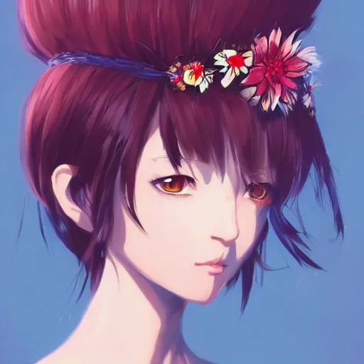 Image similar to portrait of anime pixie character with flower crown hair, manga cover, highly detailed, digital painting, artstation, concept art, sharp focus, illustration, strong brush stroke, anime, art by greg rutkowski, ilya kuvshinov, sharp focus, ghibli studio, art by ilya kuvshinov, rossdraws