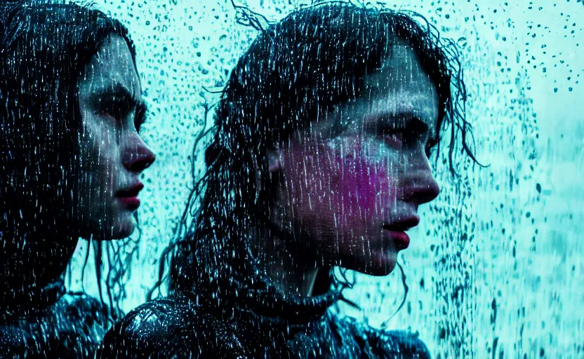 Image similar to cinestill 5 0 d candid photographic portrait by christopher nolan of two loving female androids sobbing wearing rugged black mesh techwear in treacherous waters, extreme closeup, modern cyberpunk moody emotional cinematic, pouring iridescent rain bright spotlight, 8 k, hd, high resolution, 3 5 mm, f / 3 2, ultra realistic faces, ex machina