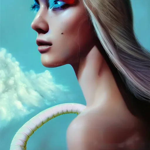 Prompt: 3 d, sci - fi, close - up, blonde fashion model with pigment condition vitiligo, cinematic, clouds, steam, snakes baground, vogue cover style, poster art, bright mood, realistic painting, intricate oil painting, high detail illustration, figurative art, multiple exposure, poster art, by tooth wu and wlop and beeple and greg rutkowski