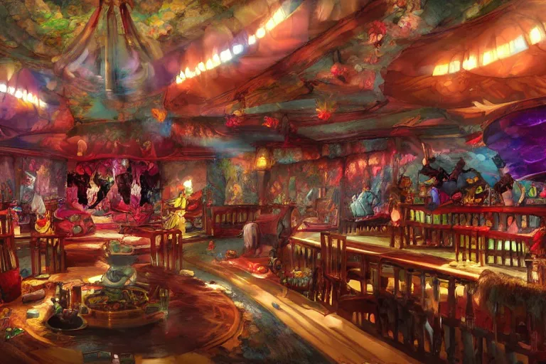 Image similar to interior wide angle shot of a fantasy cabaret in the style of studio ghibli, makoto shinkai