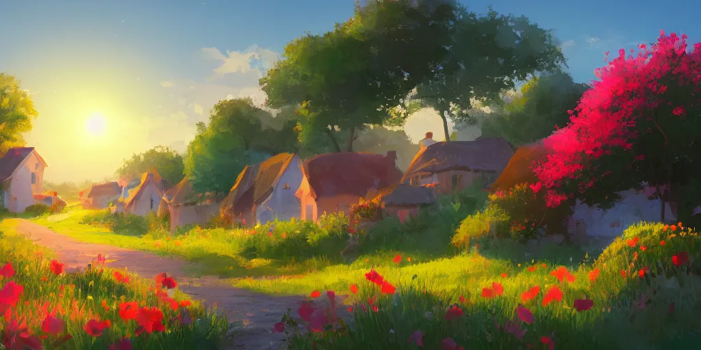 Prompt: colorful sylvain sarrailh illustration of a lonely summer village near the beach, brightly illuminated by rays of sun, wildflowers, artstation