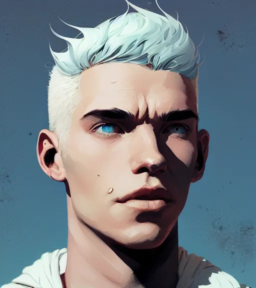 Prompt: portrait of a young man, raised on the island, white hair, face tatooes by atey ghailan, by greg rutkowski, by greg tocchini, by james gilleard, by joe fenton, by kaethe butcher, dynamic lighting, gradient light blue, brown, blonde cream and white color scheme, grunge aesthetic