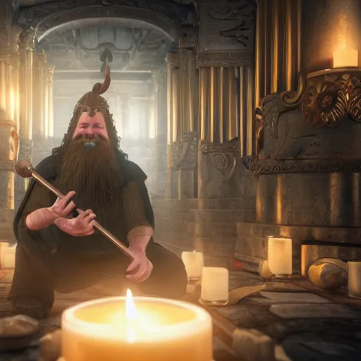 Prompt: fit, red - haired, bearded male in a grey tunic playing a lyre, inside of a candle lit temple, norse god odin, smiling, beside him, bright atmosphere, hyper realistic, photo realistic, movie still, unreal engine, high octane render, 8 k