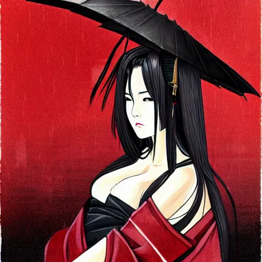 Prompt: seductive female samurai, in the rain, highly detailed, painting, dark red and black color palette, intricate, high quality, anime artstyle, in the style of sana takeda