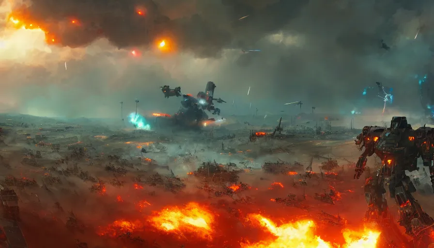 Image similar to Cinematic view of a battlefield with troops firing at giant mecha with missiles, explosions, ashes on the field and fire in the background, hyperdetailed, artstation, cgsociety, 8k