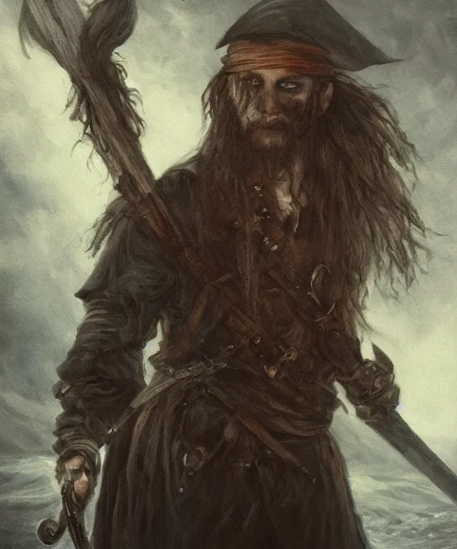 Prompt: ultra realistic color portrait painting of a tranparent 1 7 th century pirate ghost with a sword in a grotto, dark, painted, brooding, atmospheric, seascape, horror, smooth, epic, highly detailed, cinematic, artstation, by leesha hannigan