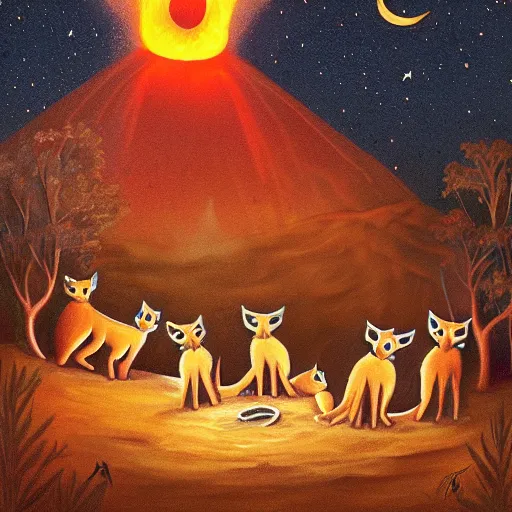 Image similar to group of cute caracals wearing red ties near campfire, one caracal playing a guitar, night, atmospheric lighting, painted, intricate, volumetric lighting, beautiful, rich deep colours masterpiece, golden hour, digital art