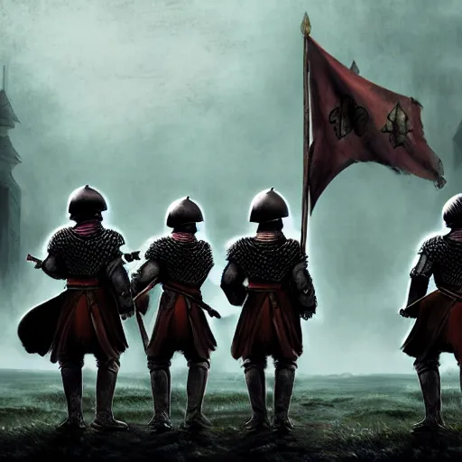 Image similar to realistic, 5 medieval soldiers, in line, pikes, hellbards, banner, flag, mist, picture from behind, epic, digital art, illustration, fantasy, realistic sketch, dark