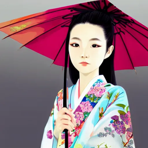 Prompt: centered portrait of beautiful Kawai Japanese girl in kimono holding an umbrella, hyperdetailed, digital painting, trending on CG society