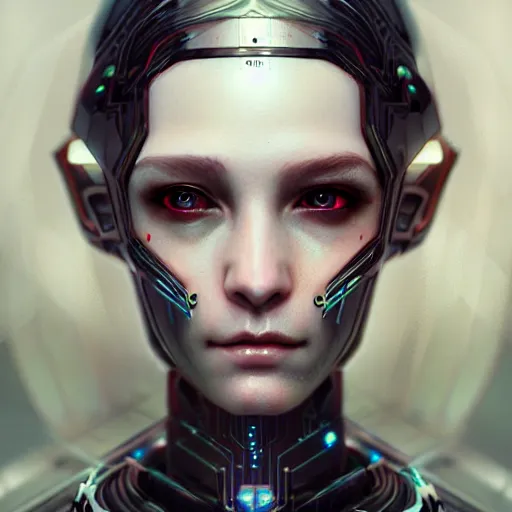 Image similar to cyberpunk robotic elvish queen, extremely detailed, hyperrealistic, intricate, soft light, fantasy, digital painting, art station, perfect faces, fine details, by wlop