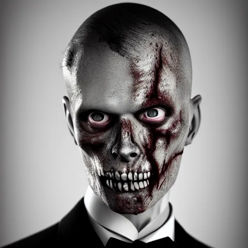 Image similar to a beautiful fashion portrait photograph of a friendly good looking zombie in a tuxedo, studio harcourt, black and white, fashion photography, paolo roversi, richard avedon, chiaroscuro, trending on artstation, ultradetailed, octane render, 4 k, unreal engine, 5 0 mm, sharp focus, studio light photography, high definition, irving penn,