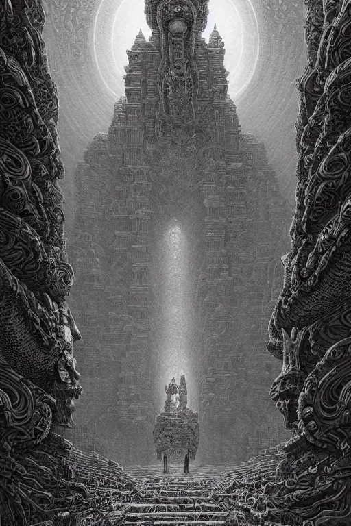 Image similar to intricate artwork masterpiece biomechanical ancient temple chtonic statues, by nicolas delort, zdizslaw beksinski, victo ngai, josan gonzalez, kilian eng, ominous, dramatic horror cinematic lighting, volumetric 8 k