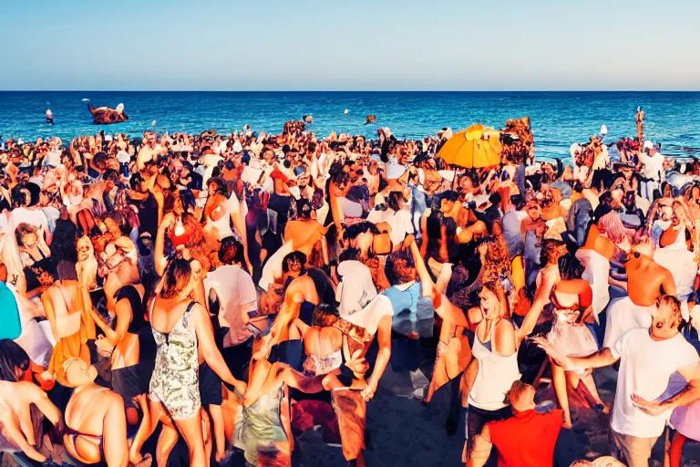 Image similar to animals and humans dancing at a party at the beach, drinking, food, bar, music, resort, praising the sun, golden hour, cinematic, atmospheric, 8k resolution, Hyperrealistic