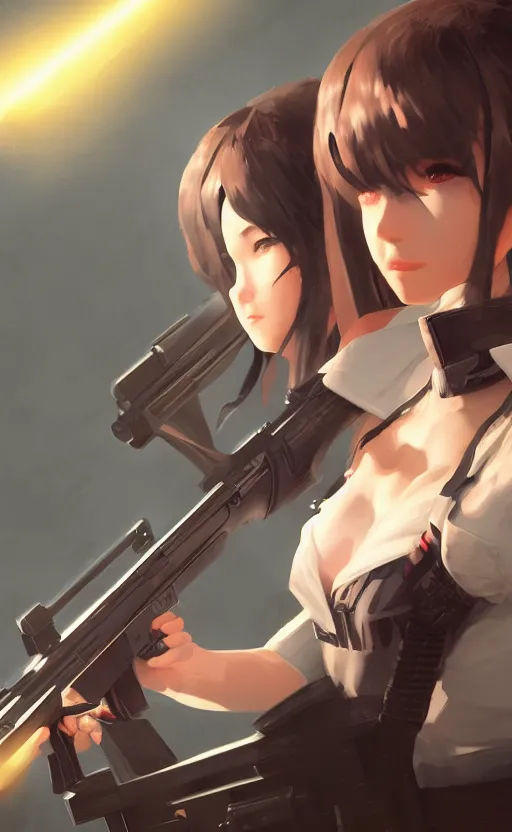 Image similar to highly detailed, high resolution, character design art, stunning, volumetric lightning, realistic guns, girls frontline style, matte, sharp focus, illustration, artstation, by kuvshinov ilya