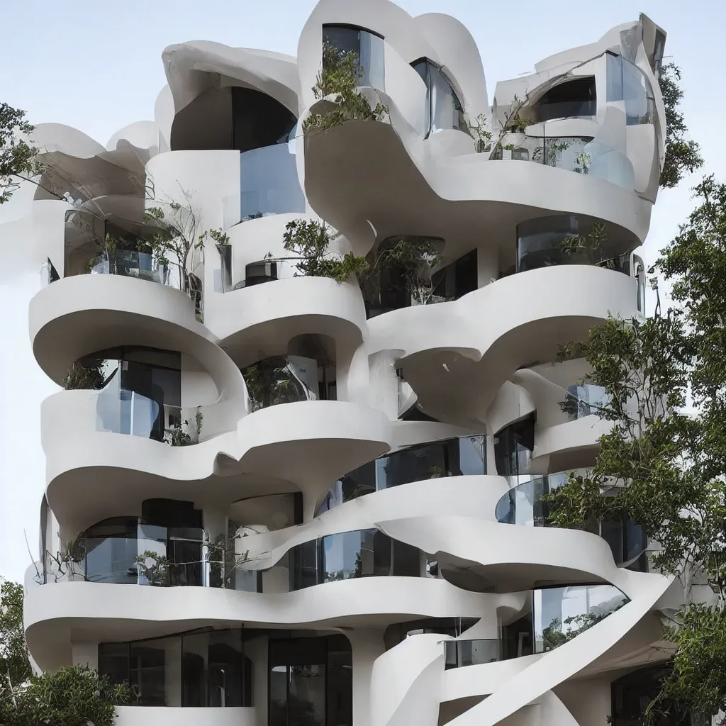 Image similar to “ a two story modern house with curve sculptural balconies, designed by famous architects online lab of architecture, house sold for 4 million dollars, featured on architecture magazines ”