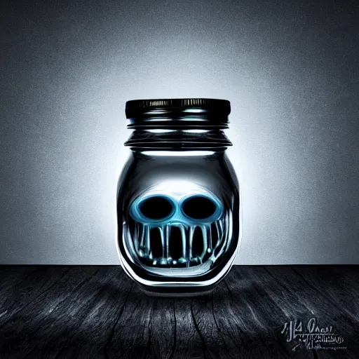 Image similar to Evil monster in a jar by John Howe, product photography, centered, studio lightning