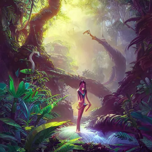 Image similar to at the heart of the jungle lies a mysterious secret, by ross tran, oil on canvas