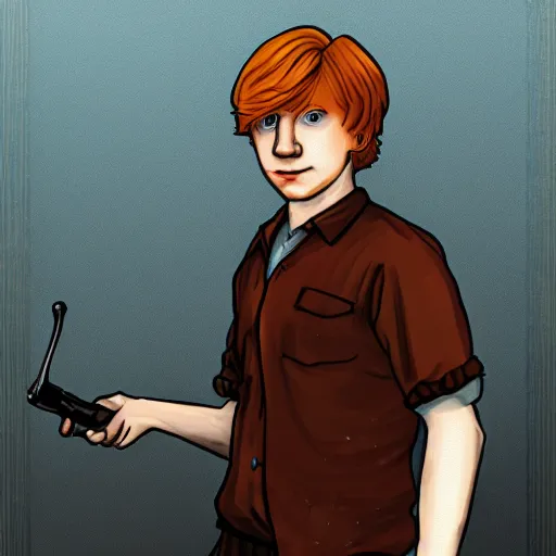 Image similar to ron weasley in the style of disco elysium