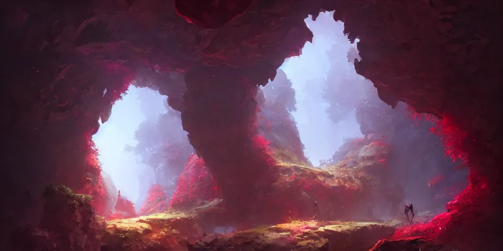 Image similar to entrance to small cave inside the forest, red crystals. In style of Greg Rutkowski, Jesper Ejsing, Makoto Shinkai, trending on ArtStation, fantasy, great composition, concept art, highly detailed, scenery, 8K, Behance.