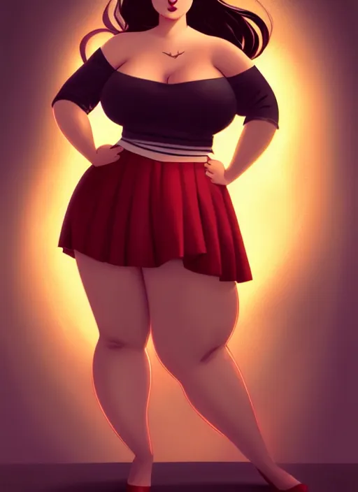 Image similar to full body portrait of teenage veronica lodge, obese, bangs, sultry, realistic, sultry smirk, wavy hair, red skirt, fat, belly, intricate, elegant, glowing lights, highly detailed, digital painting, artstation, concept art, smooth, sharp focus, illustration, art by wlop, mars ravelo and greg rutkowski