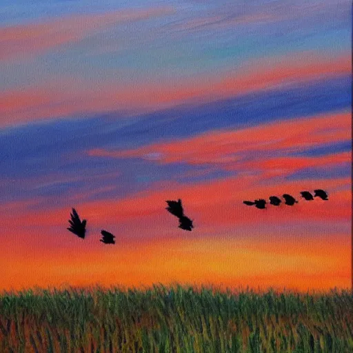 Prompt: a painting of a flock of crows flying in the distance, sunset, trending on artstation, masterpiece, in the style of Claude Monet