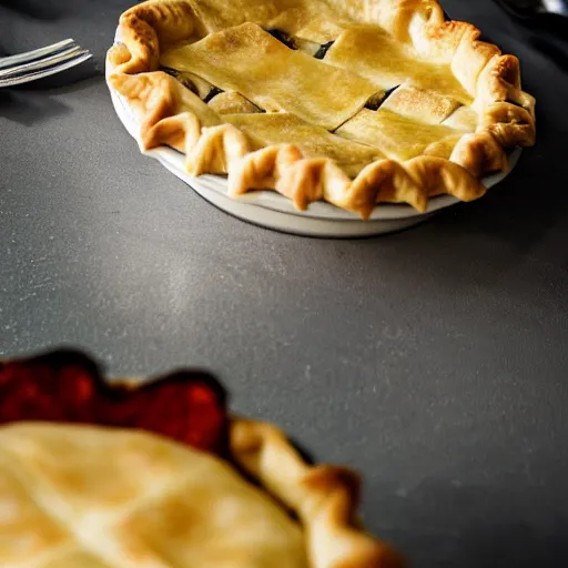 Image similar to a set of false teeth eating a pot pie, hyper realistic, photography, 3 5 mm