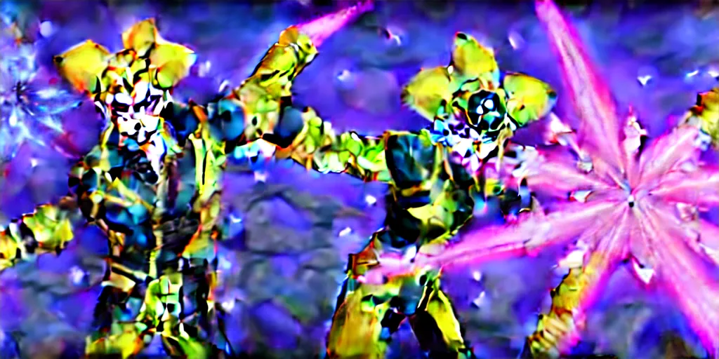 Image similar to jojo's bizarre adventure : golden wind, unreal engine 5, render, ray tracing background full of spray painted, jester plushies, crosses, and shinning stars, holography, irridescent