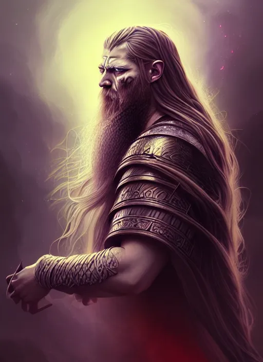 Image similar to overlord, psychedelic flowing hair, viking, portrait, highly detailed, deep focus, elegant, digital painting, smooth, sharp focus, illustration, ultra realistic, 8 k, art by wlop