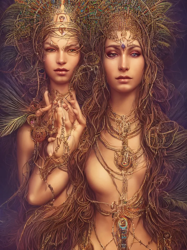 Image similar to a centered render of a single alluring mystical tribal goddess adorned with feathers and gemstones and cables and synthesizer parts is surrounded by sacred geometry made from elven architecture, full body, gorgeous face, perfect face, powerful, cinematic, beautifully lit, by artgerm, by karol bak, 3 d, trending on artstation, octane render, 8 k