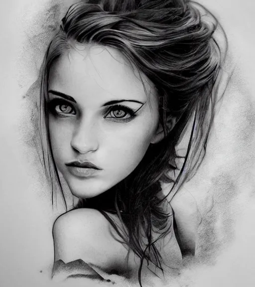 Image similar to a beautiful girl portrait, faded mountain background, realism tattoo, in the style of den yakovlev, black and white, hyper realistic, highly detailed