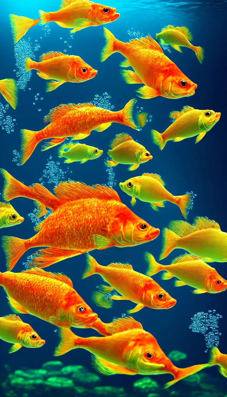 Prompt: highly detailed photo of beautiful five colorful gold fish under water, hyper realistic, concept art, 8 k detail post - processing