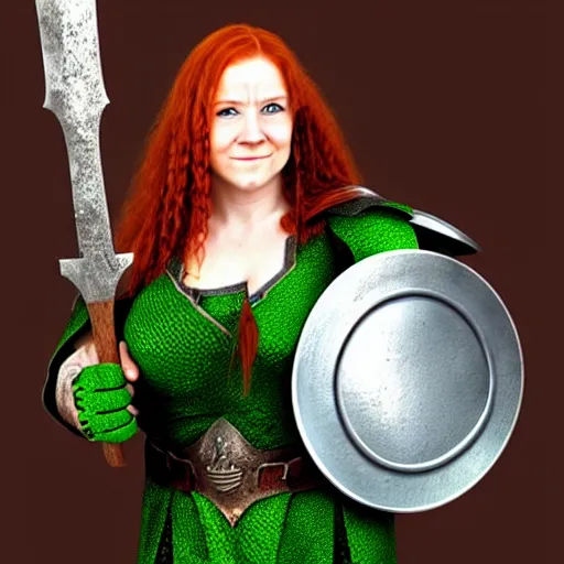 Prompt: dwarven woman, ginger hair, green eyes, holding hammer and shield with plate armour