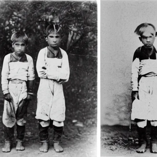 Prompt: sepia Photo of 3 Sioux boys before and after they entered an Indian boarding school in 1883.