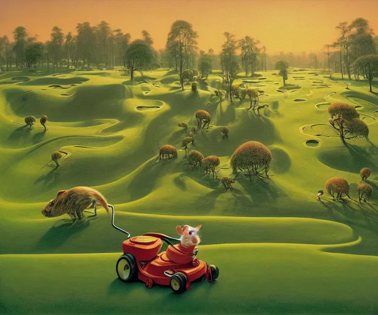 Prompt: hyper detailed 3d render like a Oil painting - a cartoon gerbil riding a lawnmower across a golf course at dawn, by Jacek Yerka, Mariusz Lewandowski, Houdini algorithmic generative render, Abstract brush strokes, Masterpiece, Edward Hopper and James Gilleard, Zdzislaw Beksinski, Mark Ryden, Wolfgang Lettl, hints of Yayoi Kasuma, octane render, 8k