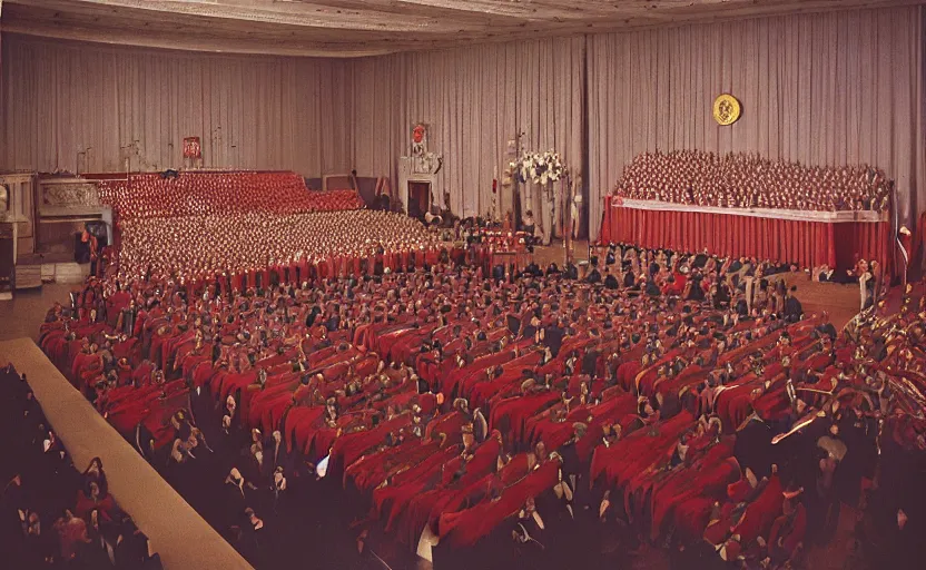 Prompt: 60s movie still of a CCCP ceremony in a stanilist style townhall, by Irving Penn , cinestill 800t 35mm eastmancolor, heavy grainy picture, very detailed, high quality, 4k, HD criterion, precise texture