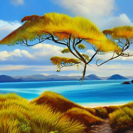 Prompt: golden bay new zealand, abel tasman, Lastreopsis hispida, colorful oil painting, trending on artstation