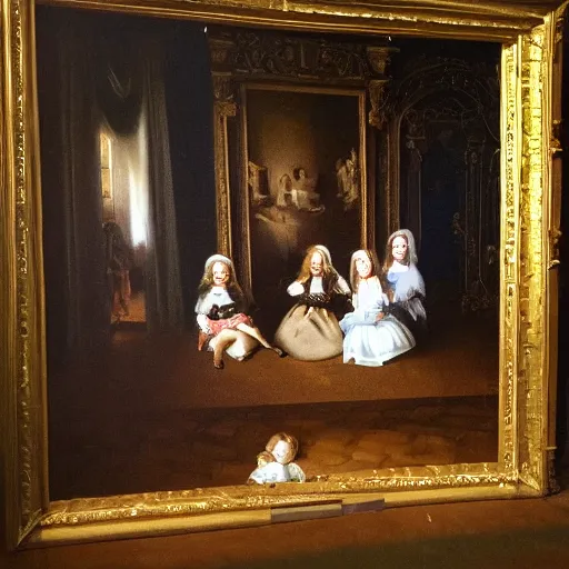 Prompt: super quality family portrait of the castles garden painted in 1 6 5 6, dark room, one point of light coming through the window inspired by las meninas, clear spaces between each subject and good detail and realistic eyes, faces for each person in the canva, inspired by diego velasquez baroque style