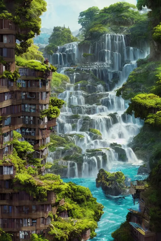 Prompt: an awesome sunny day environment concept art on a cliff with waterfalls, nature meets architecture by kengo kuma and wes anderson with village, residential area, mixed development, highrise made up staircases, balconies, full of glass facades, cgsociety, fantastic realism,, artstation hq