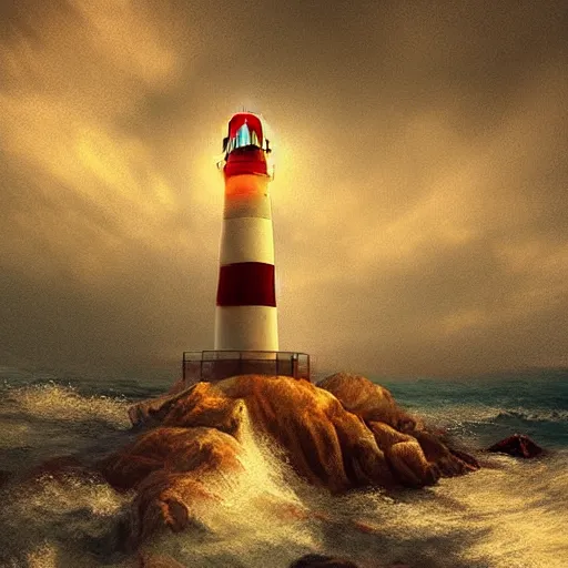 Prompt: beautiful cozy lighthouse by a stormy sea, golden warm light, digital art trending on artstation