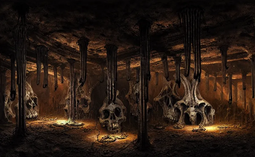 Prompt: grimy dark catacombs of infected skeletal remains by hr giger and zdzisław beksinski, fine details, digital art, volumetric lighting, cinematic light, photorealistic