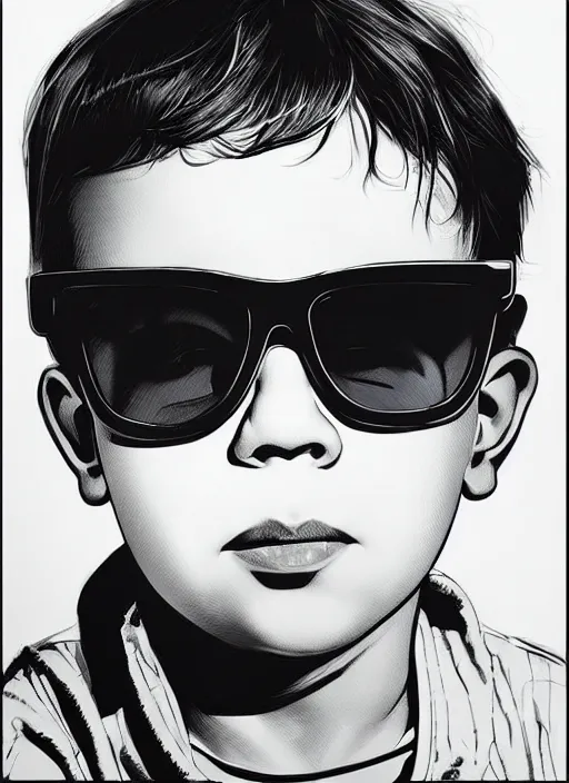 Prompt: a boy kid wearing sunglasses. young boy. art by martin ansin, martin ansin artwork. portrait.