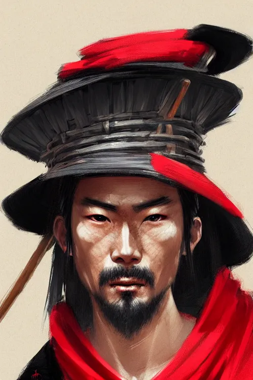 Prompt: portrait of a samurai wearing a bamboo hat and black robe by Greg Rutkowski, d&d character, black and red, white background, highly detailed portrait, digital painting, artstation, concept art, smooth, sharp focus illustration, Artstation HQ