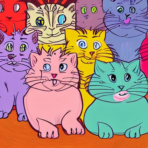 Image similar to a room full of big eye cats singing in comic art style pastel colors