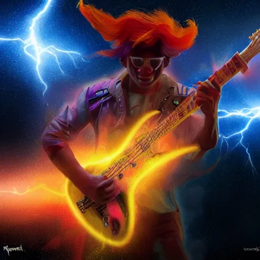 Prompt: UHD closeup of a Photorealistic cosmic clown playing sparking electric guitar in a lightning storm on Mars, with a cool pose, by Antonio Caparo and Ferdinand Knab and Greg Rutkowski, UHD, photorealistic, trending on artstation, trending on deviantart