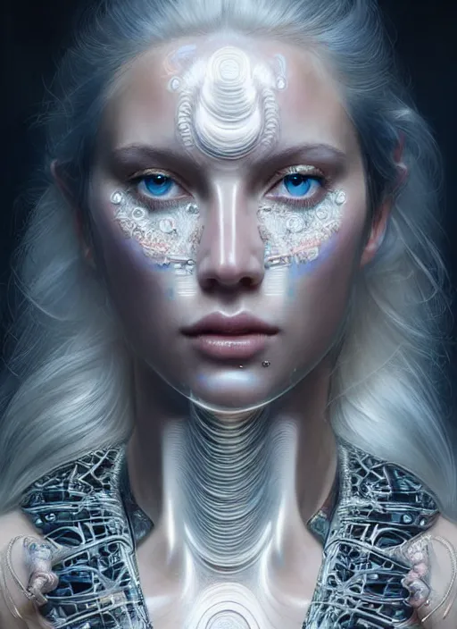 Image similar to a highly detailed photo of very intricate female face full - length portrait, futurism, rococo cyber tattoos lighting, detailed futuristic fibonacci jewelry, profile posing, hyper photorealistic, crispy quality, digital photography, trending in pinterest, cinematic, 4 k ultra hd, art by pascal blanche, art by greg rutkowski, art by artgerm,