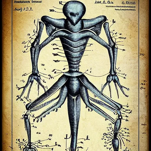 Prompt: 1 2 century scientific schematics alien anatomy, handwriting annotations!!!, blueprint, patent registry