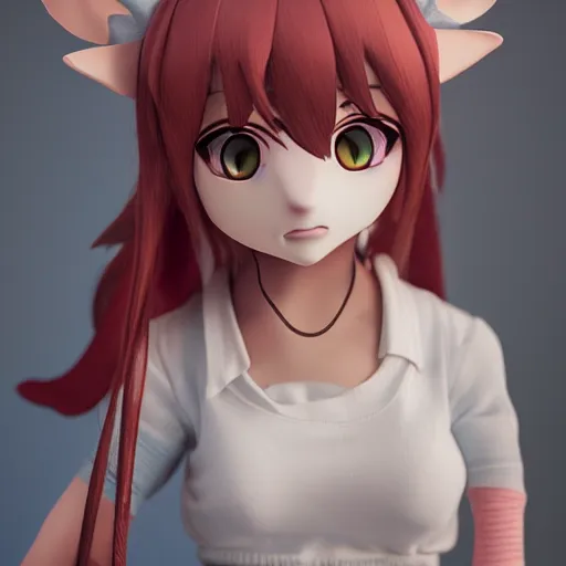 Image similar to cute fumo plush of a foxgirl shop owner, three point lighting, dramatic, anime, vray