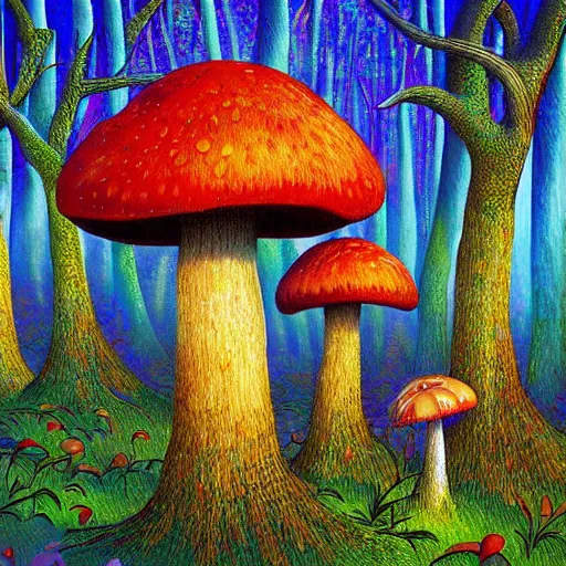 Image similar to mushroom forest, alex gray, digital art, impressionist